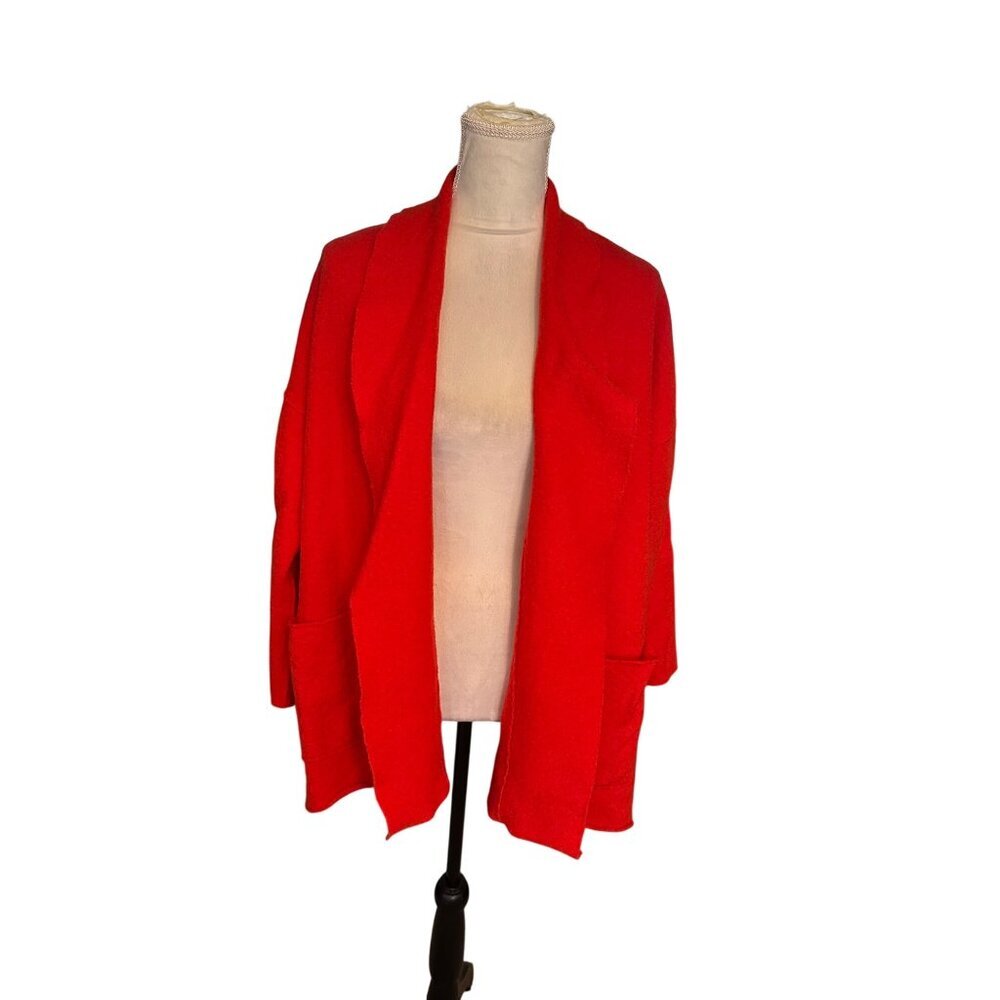 Eileen Fisher Red Open Front Cardigan 100% Wool Womens Jacket Size M